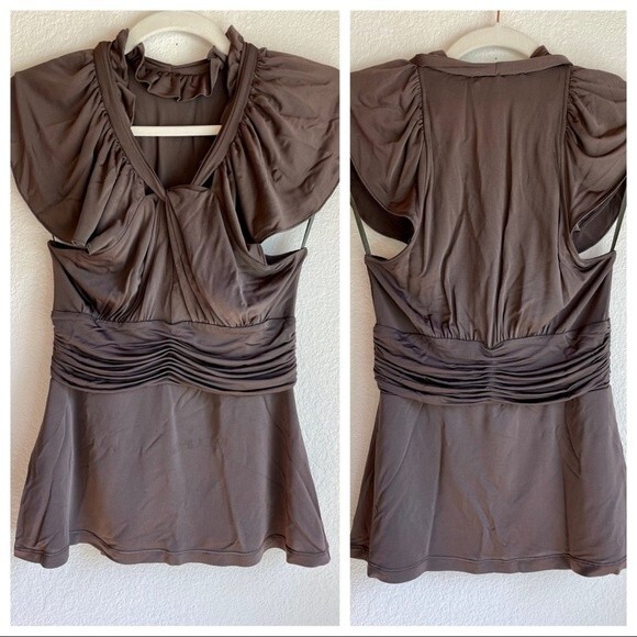 BCBGMaxAzria Y2K Women's Brown Front-Twist Flutter Sleeve Ruched Top Size Small - Picture 1 of 10